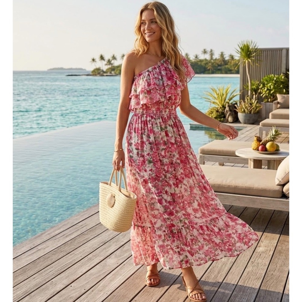 MISA Los Angeles Rumi One Shoulder Maxi Dress Medium Floral‎ Ruffle Resort Chic